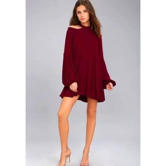 Free People Dresses & Skirts - Free People Drift Away Burgundy Tunic Dress Red Cold Shoulder Size M NWT